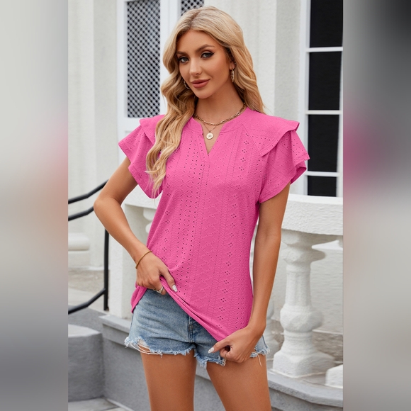 Eyelet Notched Short Sleeve T-Shirt - Picture 4 of 5